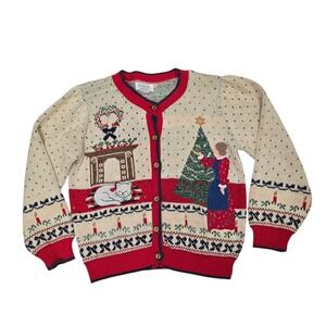 Sweater Loft Christmas Cardigan Cat Fireplace Tree Sz MP Cottagecore Granny EUC